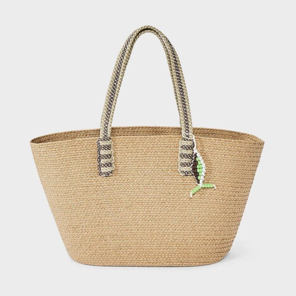 Straw Large Tote Bag with Fish Charm - Natural/Brown